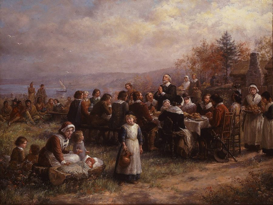 This 1925 painting by Jennie Augusta Brownscombe shows a traditional portrayal of the first Thanksgiving celebration.