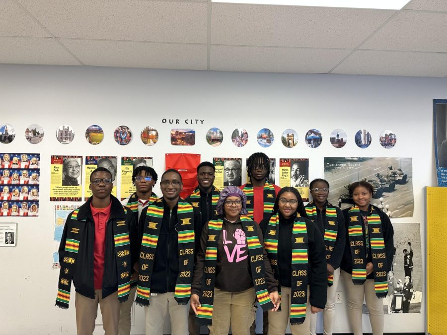 Senior members of UHSSEs Black Student Union continued the tradition of receiving kente cloth stoles for graduation. From left to right: Essowe Bekley, Gian-Luc Fagan, Nasere Lewin, Jaleel Jaggroo, ShaDiamond King, Maliek Newman, Brianna Jordan-Devalda, Celeeka Mitchell, and Nickeya Jones. Not pictured: Ayanna Rouse.